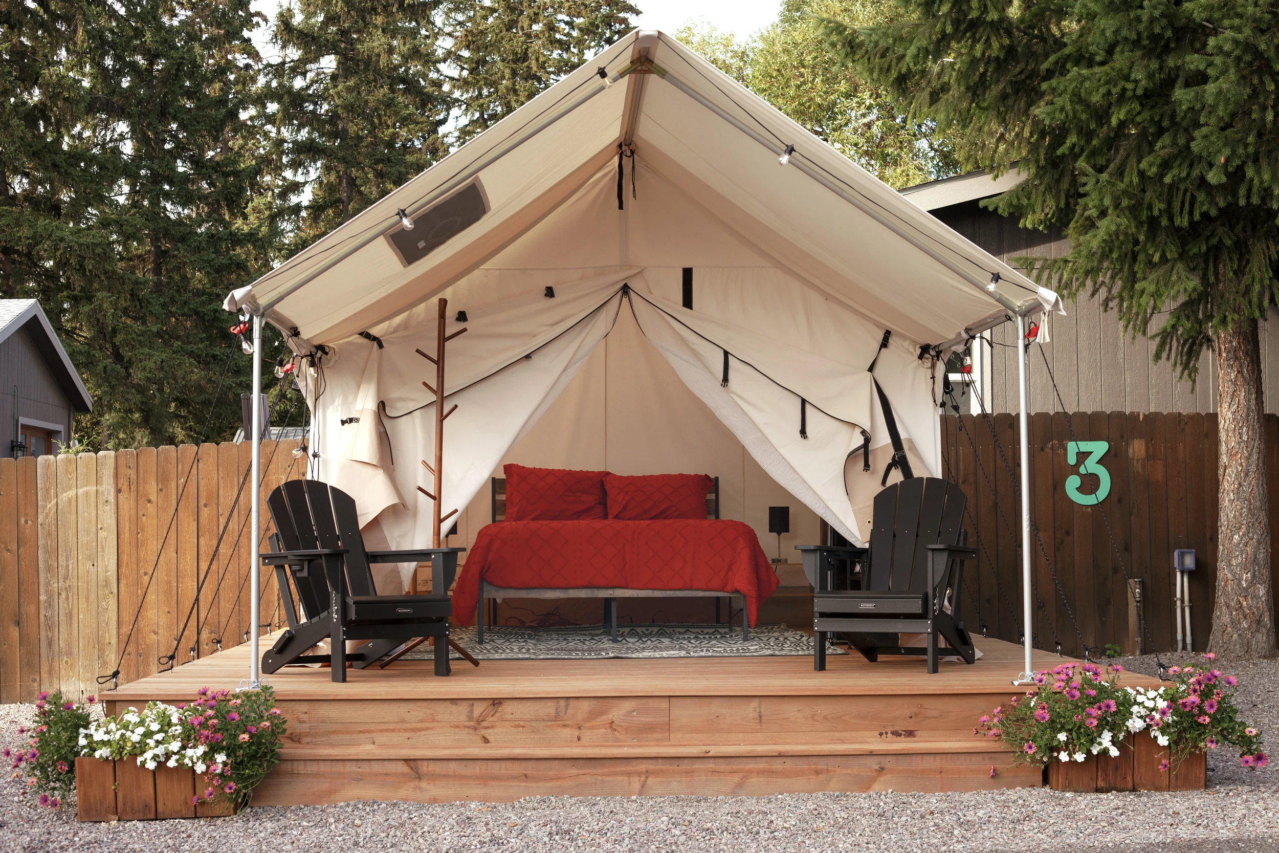 Outside a glamping tent at Columbia Falls RV Park.